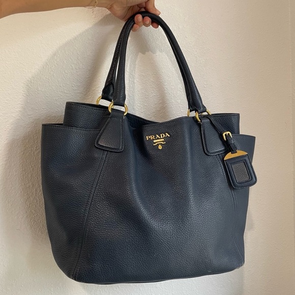 Prada Vitello Daino Pebble Leather Side Pocket Tote Handbag Bag Blue GORGEOUS! - Picture 2 of 15